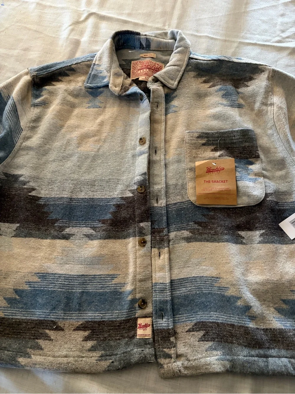 0041-Brooklyn boxy Shacket Aztec Pattern Button-Up - Blue Gray